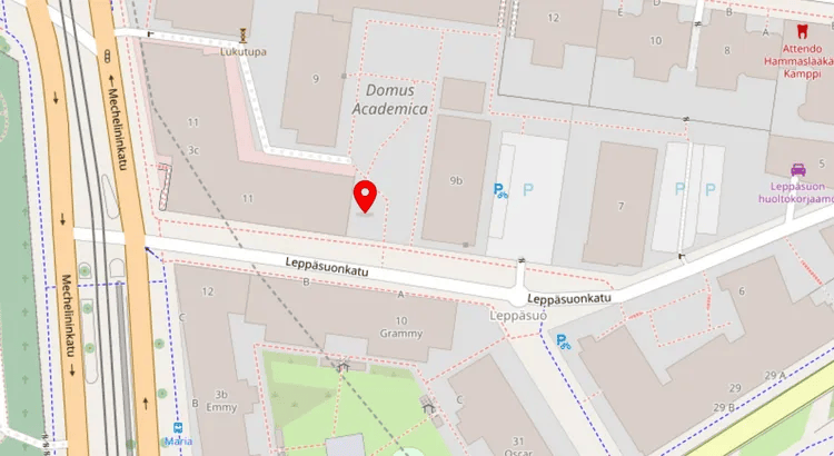 Map: a red pin marks the accessible entrance of Domus Gaudium on Leppäsuonkatu, at the end of the building at Leppäsuonkatu 11 facing Domus Academica. Mechelininkatu runs along the left edge of the map.